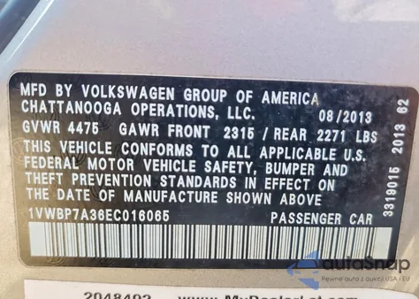 2014 Volkswagen Passat Se z USA, uszkodzony, nr VIN 1VWBP7A36EC016065